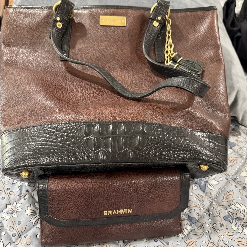 Brahmin Brown & Black Leather Tote with Matching Wallet